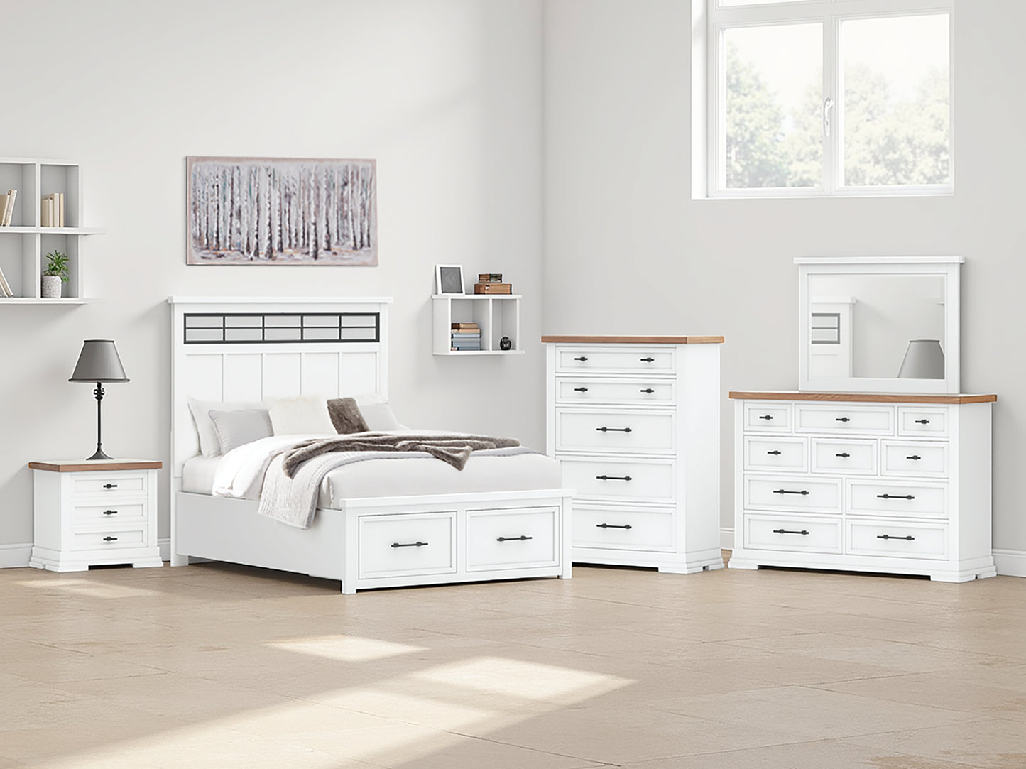 Ashbryn Queen Panel Storage Bed, Dresser, Mirror, Chest and Nightstand
