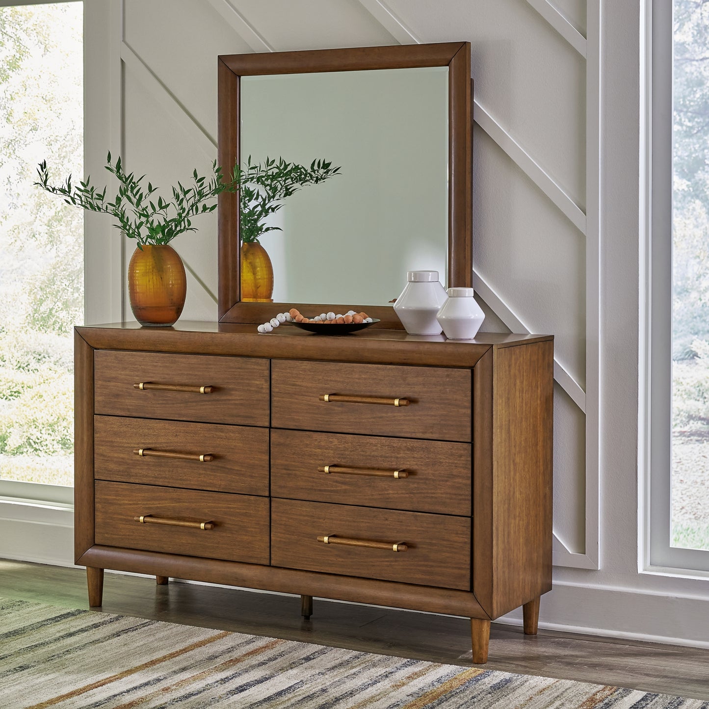 Lyncott Queen Upholstered Panel Bed, Dresser, Mirror, Chest and Nightstand