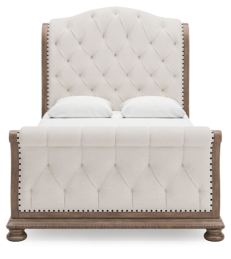 Ardenfield Queen Upholstered Sleigh Bed with Mirrored Dresser, Chest and Nightstand