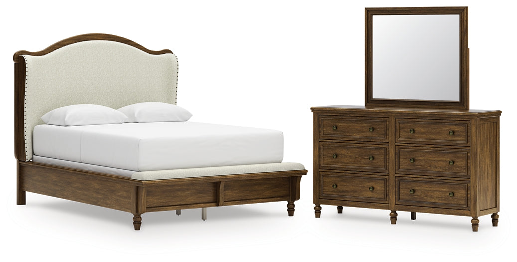 Sturlayne Queen Upholstered Panel Bed, Dresser and Mirror