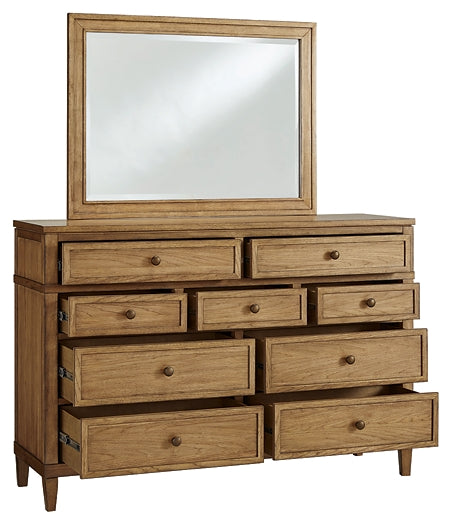 Sharlance King Upholstered Panel Bed, Dresser and Mirror