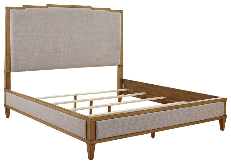 Sharlance King Upholstered Panel Bed, Dresser and Mirror