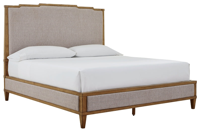 Sharlance King Upholstered Panel Bed, Dresser and Mirror