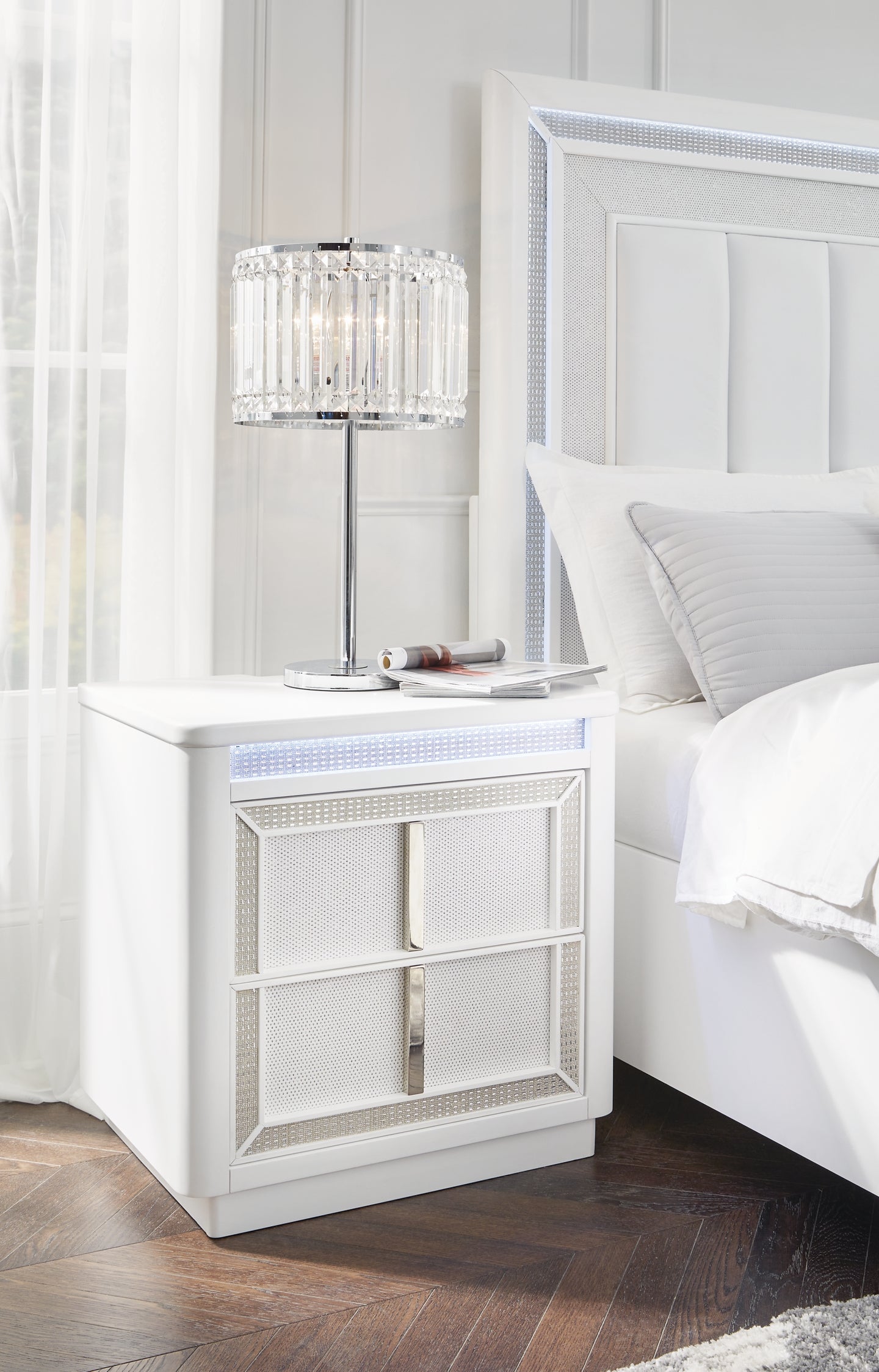 Chalanna King Upholstered Storage Bed, Dresser, Mirror and Nightstand
