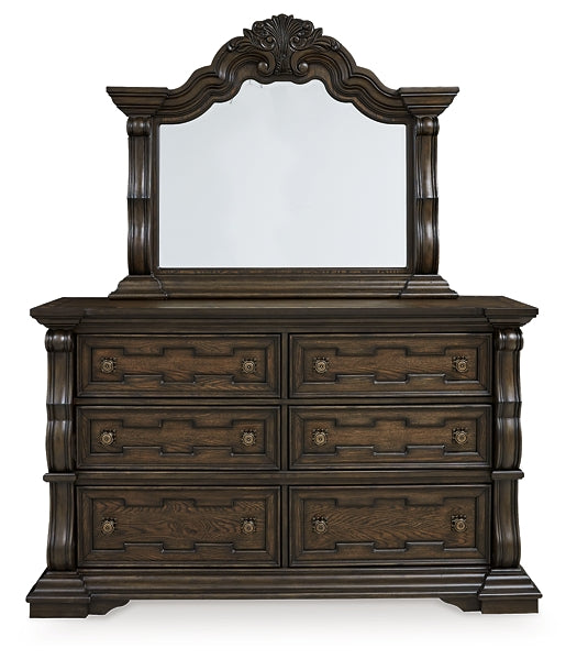 Maylee King Upholstered Bed, Dresser, Mirror, Chest and Nightstand