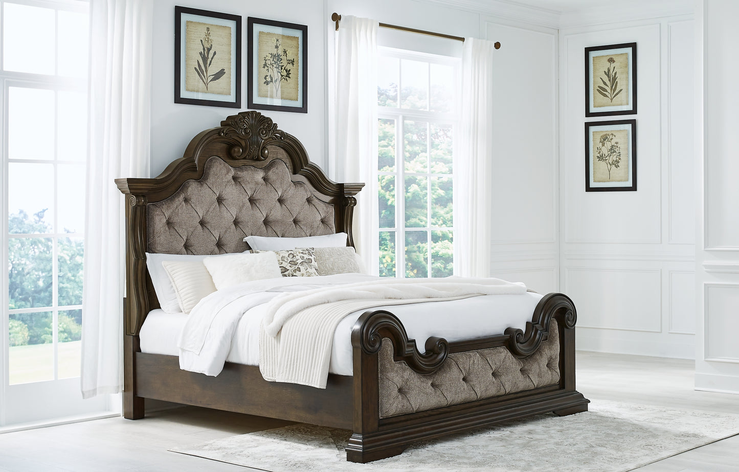 Maylee King Upholstered Bed, Dresser, Mirror, Chest and Nightstand