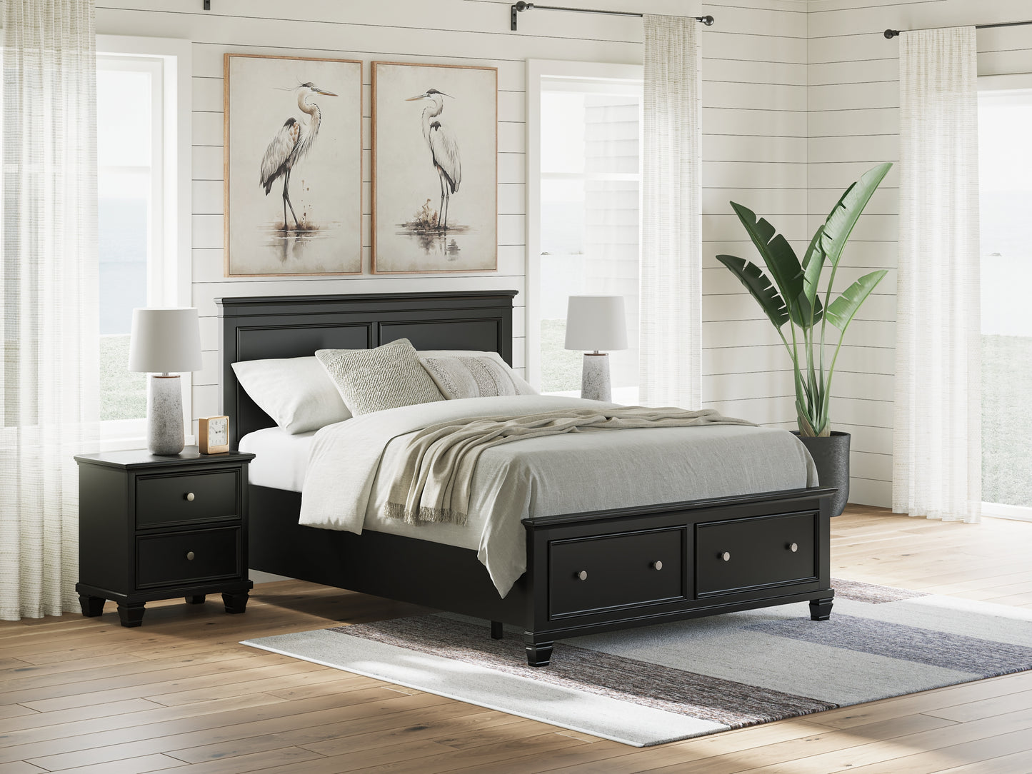Lanolee Queen Panel Storage Bed, Dresser, Mirror and Nightstand