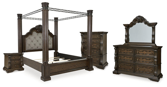 Maylee Queen Canopy Bed, Dresser, Mirror, Chest and Nightstand