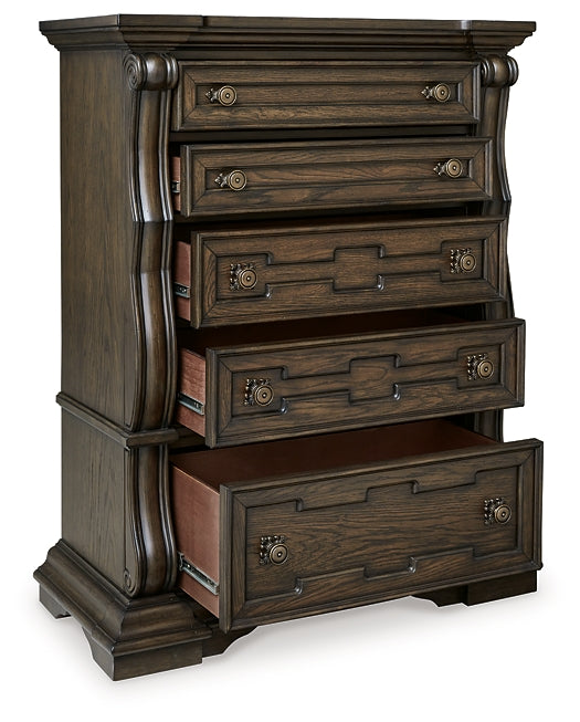 Maylee Queen Canopy Bed, Dresser, Mirror, Chest and Nightstand