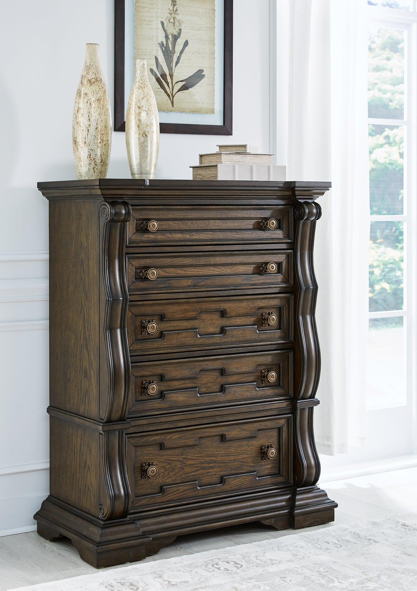 Maylee Queen Canopy Bed, Dresser, Mirror, Chest and Nightstand