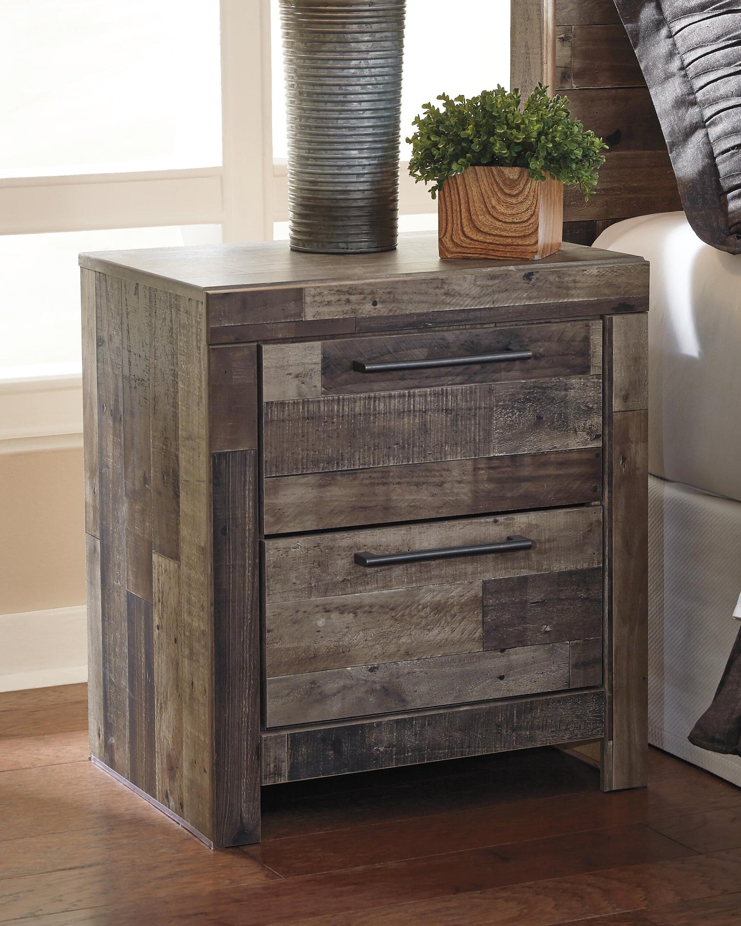 Derekson Queen Panel Bed with 4 Storage Drawers with Mirrored Dresser, Chest and Nightstand