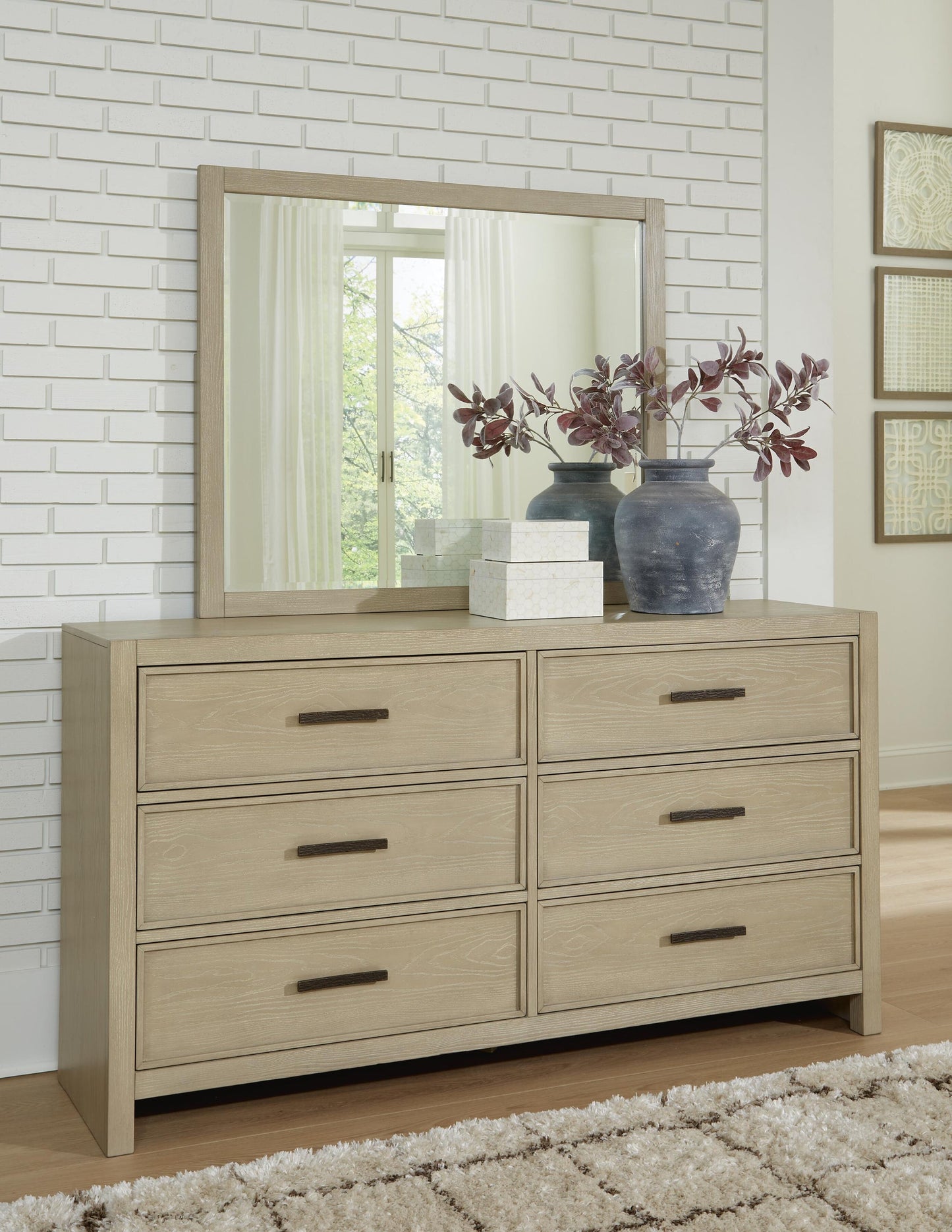 Calmoro King Bookcase Bed with Mirrored Dresser and Nightstand