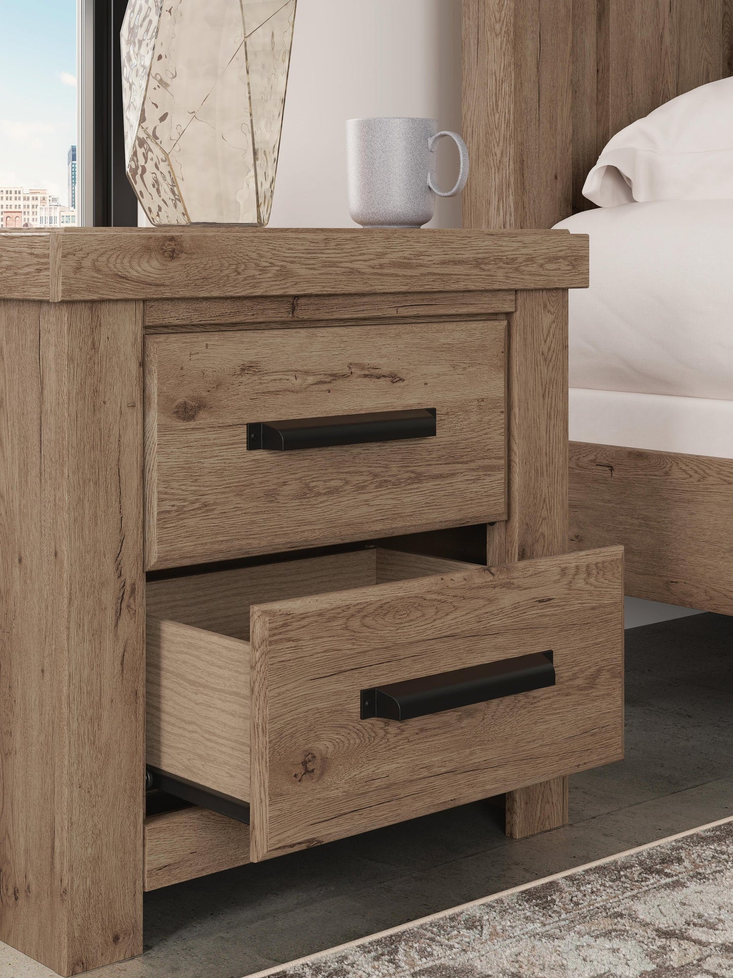 Garistyn King Panel Storage Bed. Dresser, Mirror and Nightstand